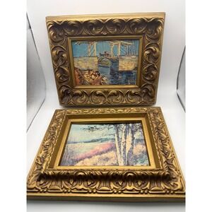 Vintage Regal Metalcraft Gold Ornate Framed Art Prints Set of 2 Van Gogh Bridge